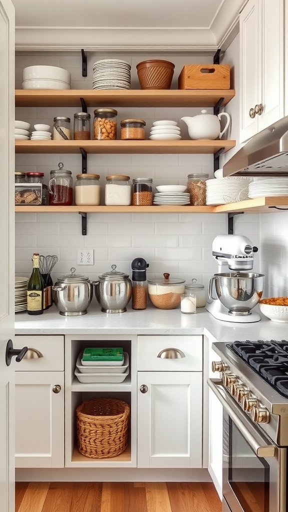 A cozy butler's pantry with open shelving, a stand mixer, and organized baking supplies.