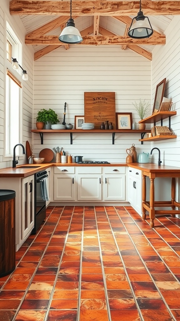 Cozy farmhouse kitchen featuring brick tile flooring, white cabinetry, wooden countertops, and rustic beams.