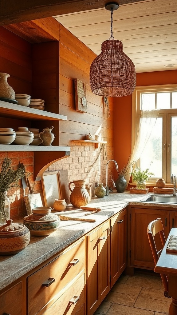 A warm terracotta-themed kitchen with wooden cabinets, woven pendant lights, and natural decor.