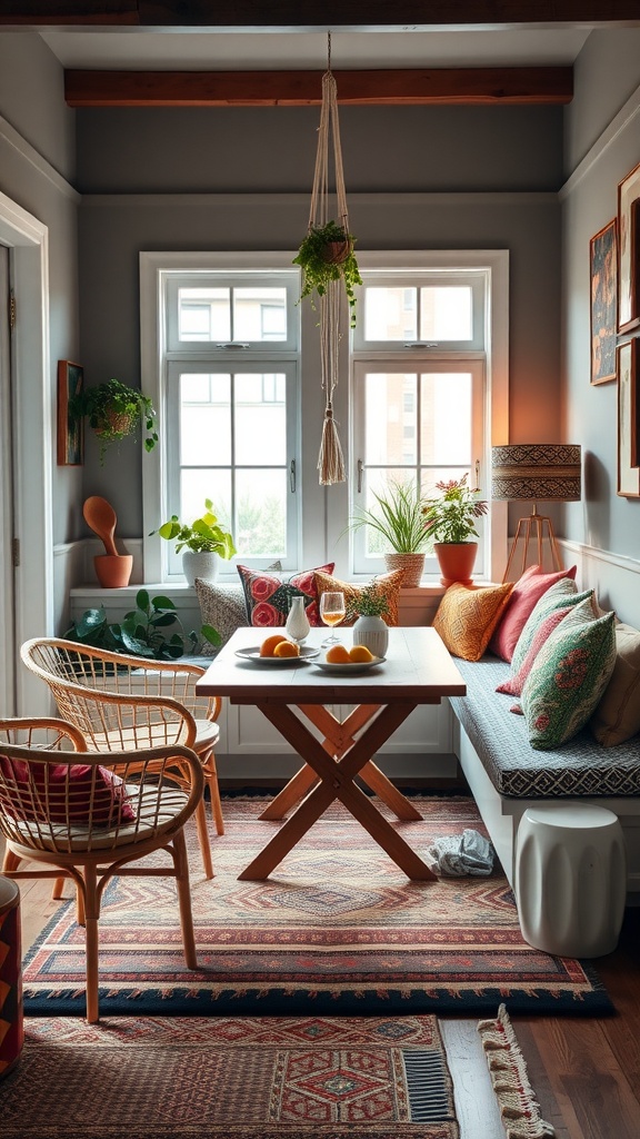 A modern boho kitchen nook featuring colorful cushions, a wooden table, and plants by the windows.