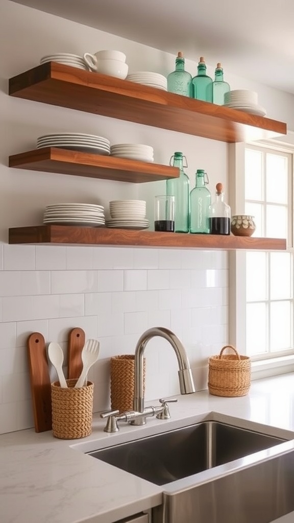 Open shelving above a kitchen sink displaying plates and glassware.