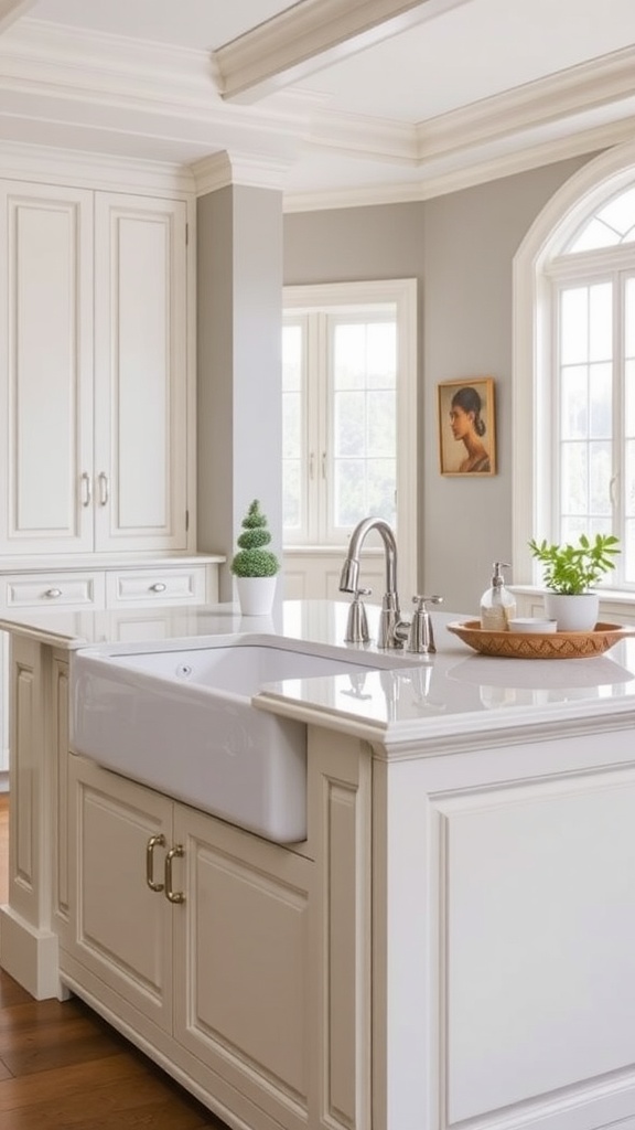 Traditional kitchen island with a farmhouse sink, cream cabinetry, and natural decor