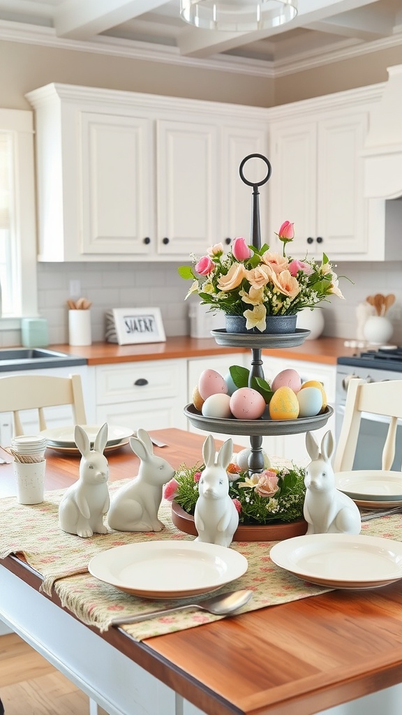 A whimsical Easter-themed kitchen setup featuring a tiered stand with pastel eggs and flowers, surrounded by ceramic bunnies on a wooden table.