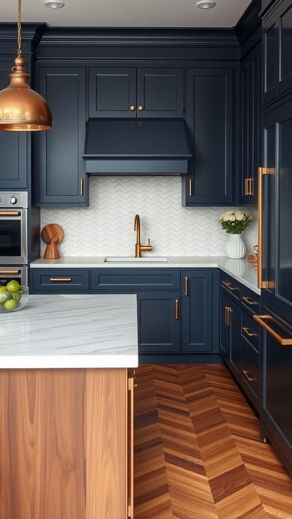 Elegant kitchen with herringbone wood tile floor and navy cabinets