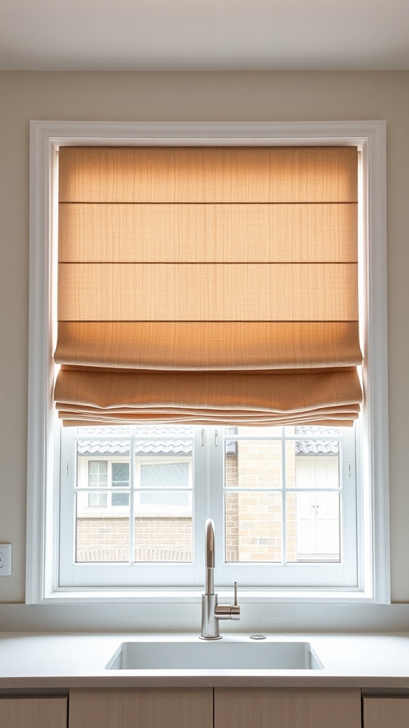 A kitchen window with elegant Roman shades providing a sophisticated look.