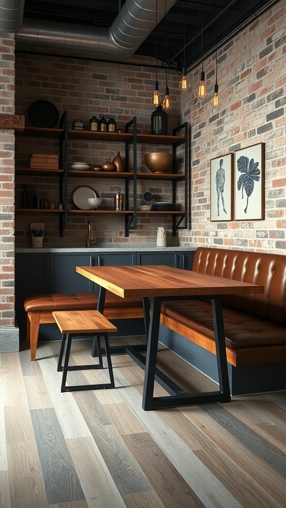 Industrial-style kitchen nook with metal touches, wooden table, leather bench, and exposed brick wall.