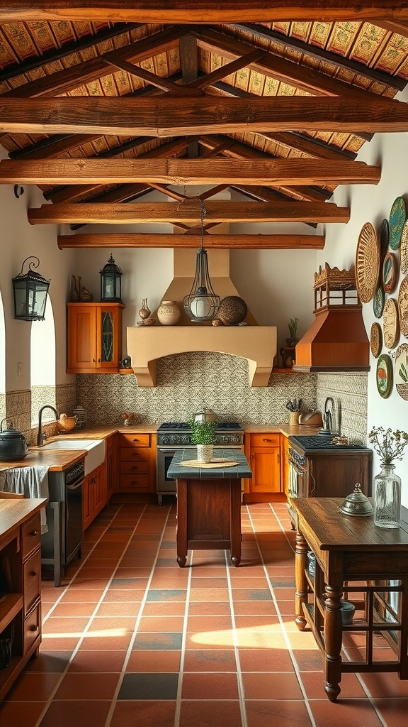 A cozy Mediterranean-inspired kitchen with terracotta tiles, wooden beams, and warm cabinetry.