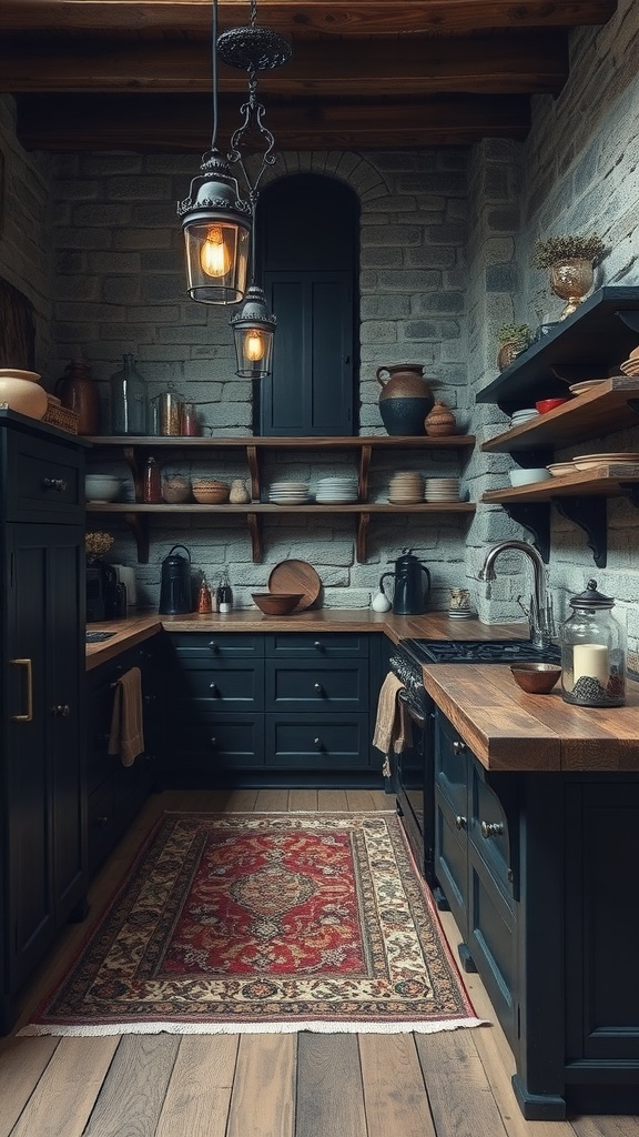 A rustic black kitchen featuring stone walls, wooden accents, and vintage lantern lighting, with open shelves displaying pottery and a colorful rug on the floor.