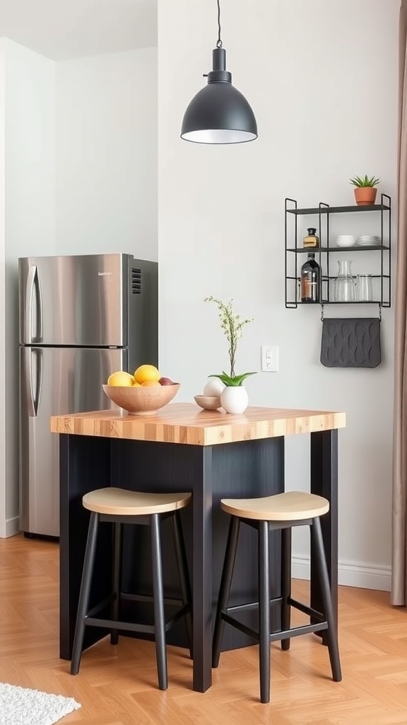 A small kitchen island with a wooden top, white legs, and a wall-mounted rack for additional storage.