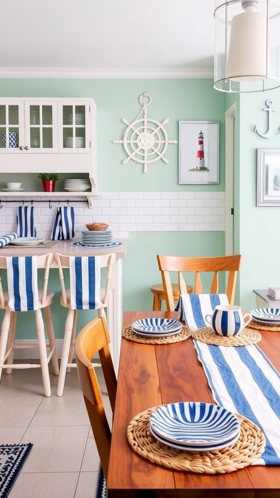 A nautical-inspired coastal kitchen with mint green walls, striped decor, and wooden furniture.