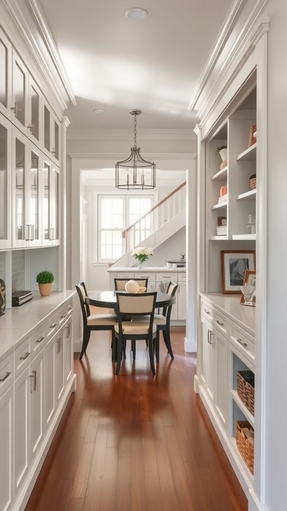 A walk-through butler's pantry showing white cabinetry, a dining table, and wooden flooring.