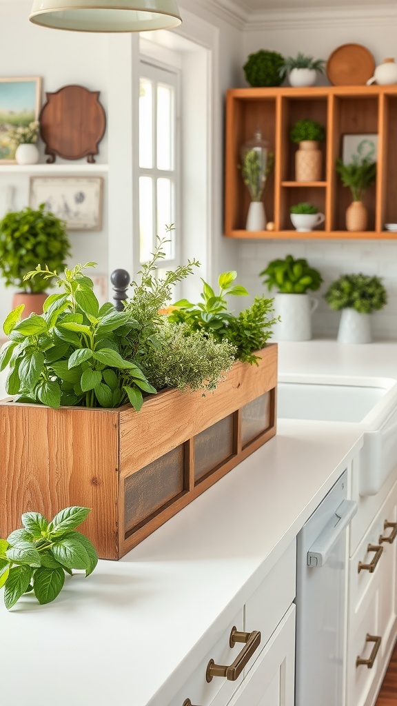 A rustic wooden planter filled with herbs on a white kitchen countertop with organized shelves in the background.