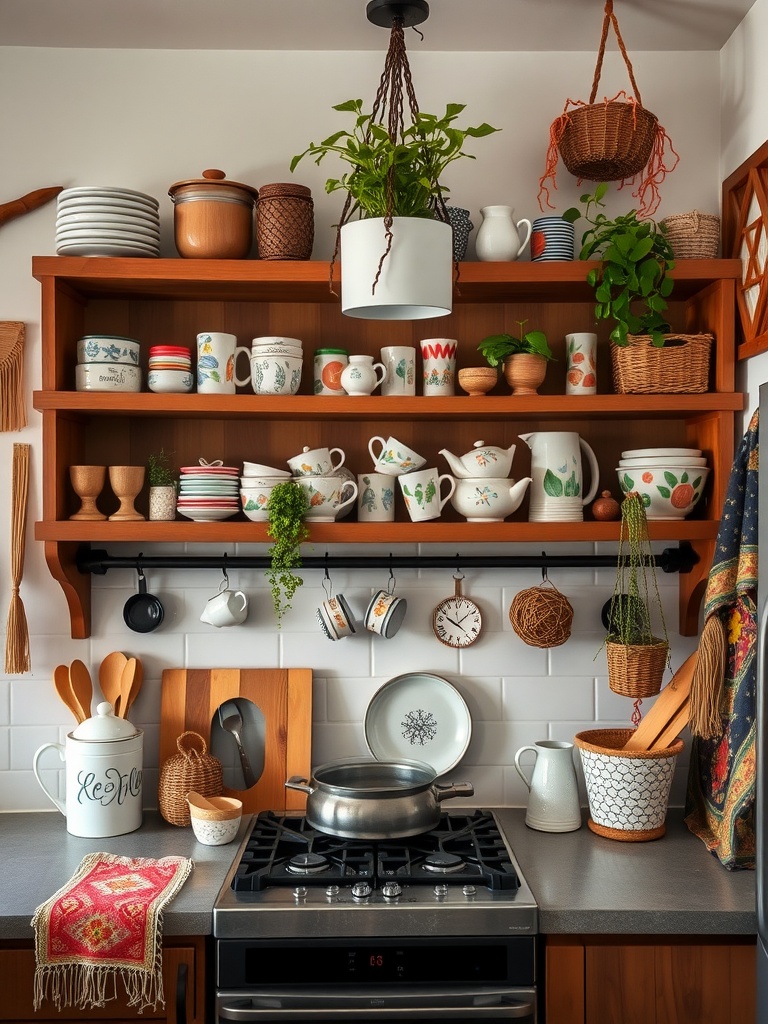 Boho style open kitchen shelves filled with colorful dishes and plants