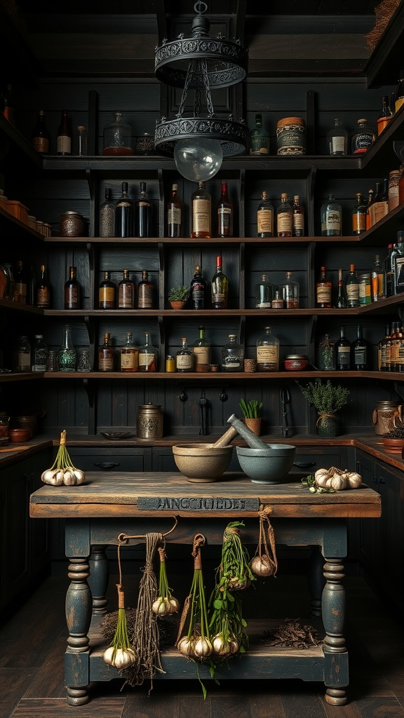 A Gothic apothecary kitchen featuring dark wood shelves filled with vintage bottles, a rustic wooden table with garlic and herbs, and an ornate chandelier.