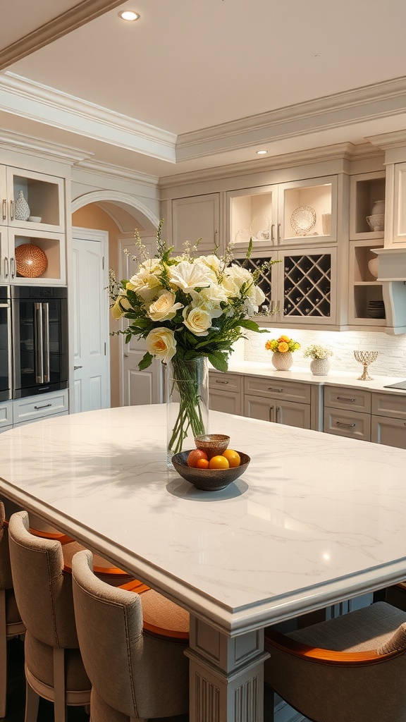 A large kitchen island with a marble countertop, surrounded by elegant chairs and decorated with flowers and fruits.