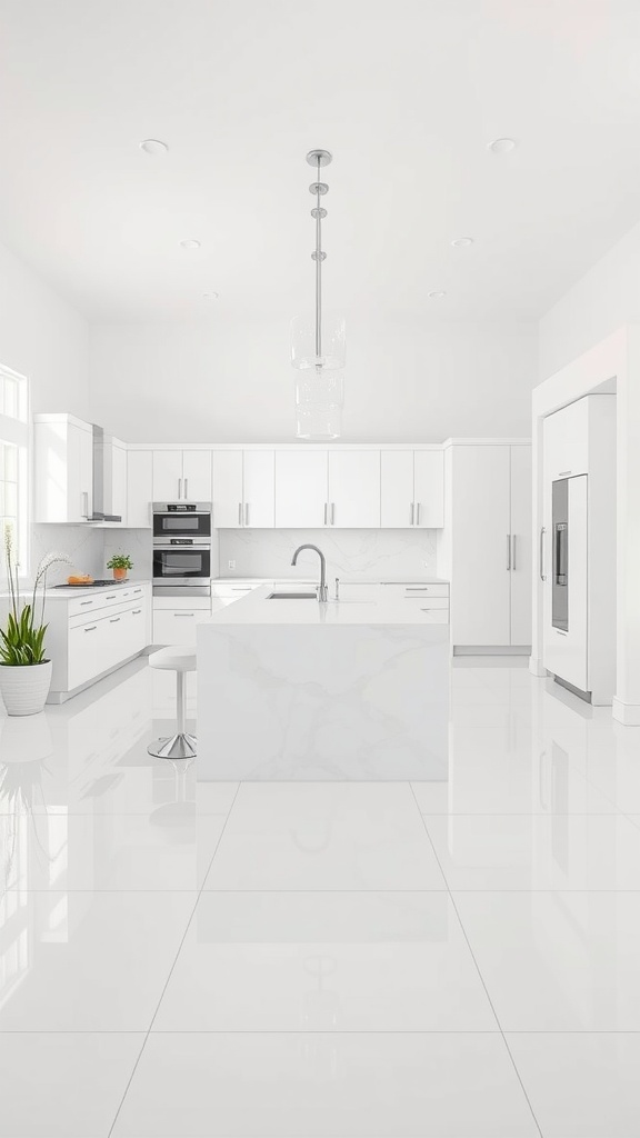 A modern kitchen featuring a light and airy white tile floor with white cabinets and a large island.