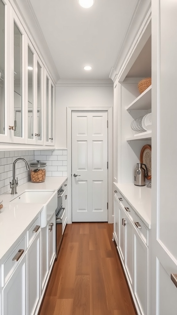 Narrow butler's pantry with white cabinetry and modern design