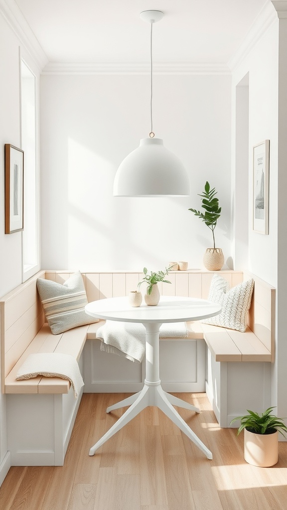 A Scandinavian kitchen nook with a round white table, cozy seating, and a pendant light, featuring a light and airy design.