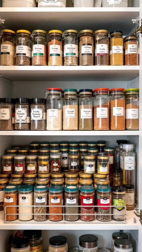 An organized spice rack filled with various jars of spices and seasonings.