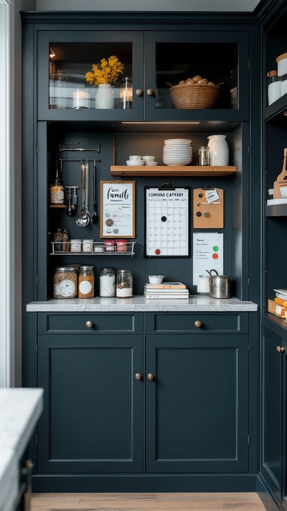 A stylish pantry with a command center setup, featuring a calendar, jars, and organized shelves.