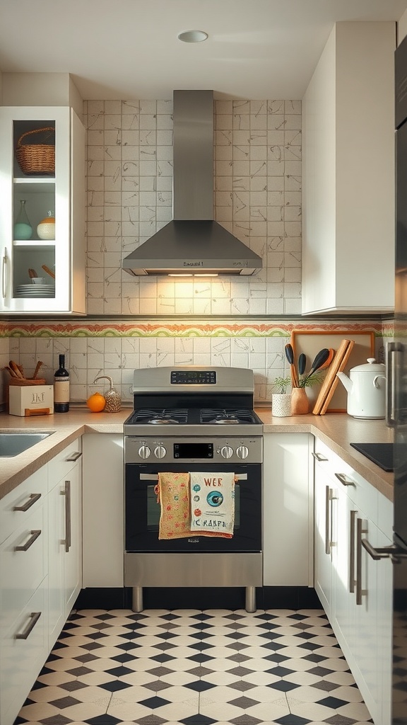 A stylish kitchen with a hand-painted tile backsplash featuring intricate designs and patterns, complemented by modern appliances.