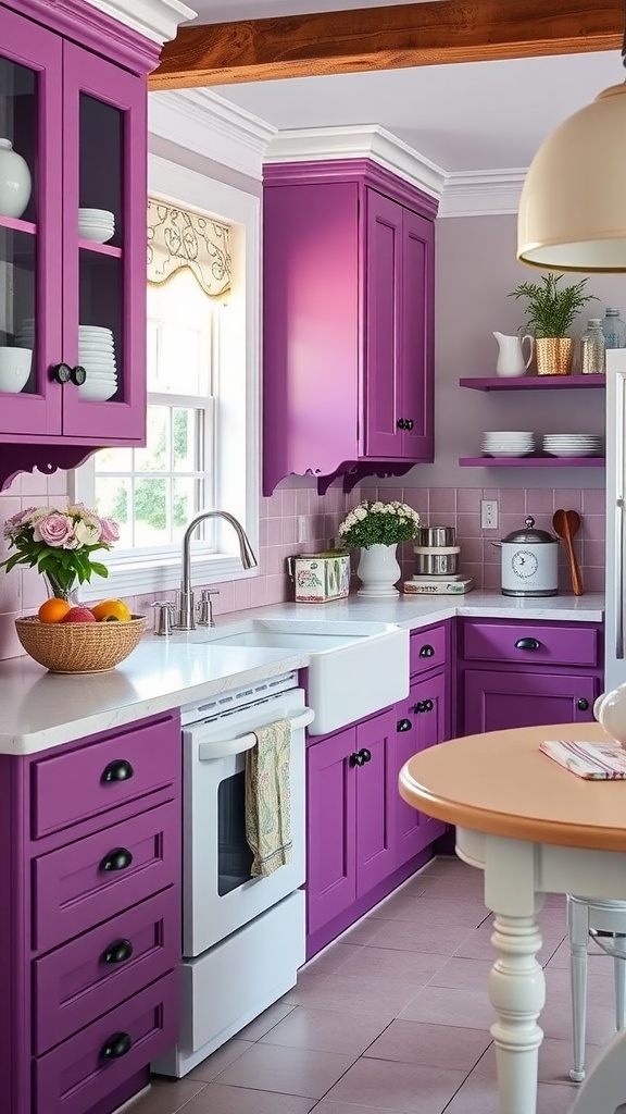 A kitchen featuring berry purple cabinets and soft white accents, complemented by a wooden floor.