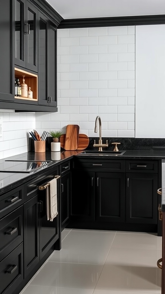 A modern kitchen featuring black cabinetry and walnut accents, with plants and decorative items.