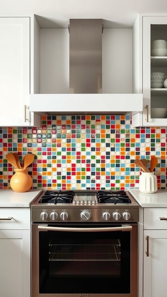 Colorful mosaic tile backsplash in a modern kitchen