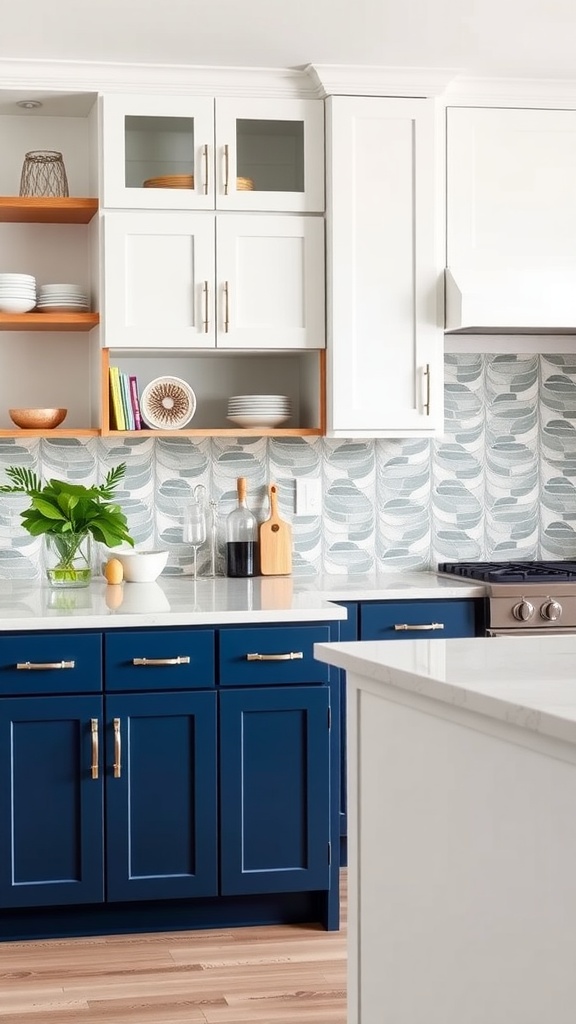 A kitchen with bold navy lower cabinets and crisp white upper cabinets, featuring gold hardware and a patterned backsplash.