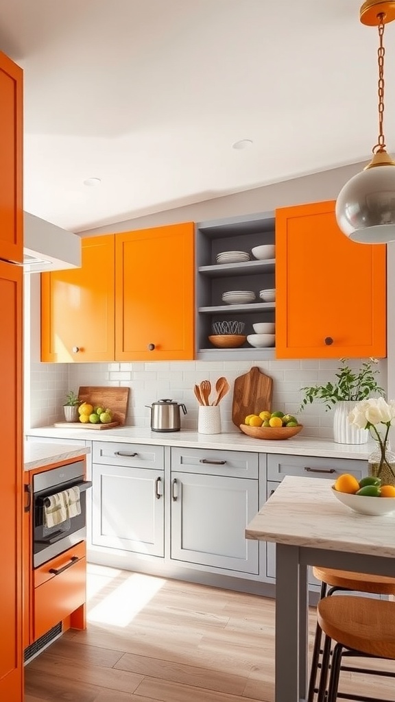 A vibrant kitchen with bright orange and light gray cabinets, showcasing a modern design.