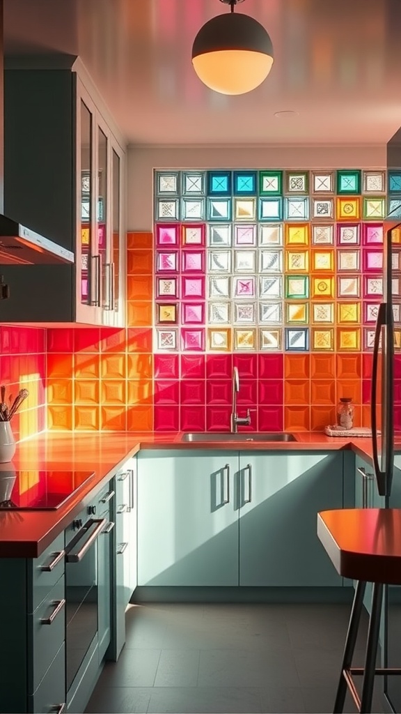 A modern kitchen featuring a colorful glass block backsplash with shades of pink, orange, and turquoise, complemented by sleek cabinetry.