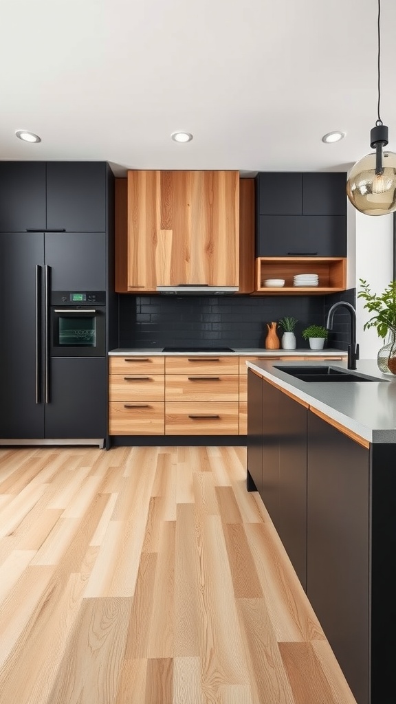 A modern kitchen featuring charcoal and maple two-tone cabinets, with a sleek design and warm wood tones.