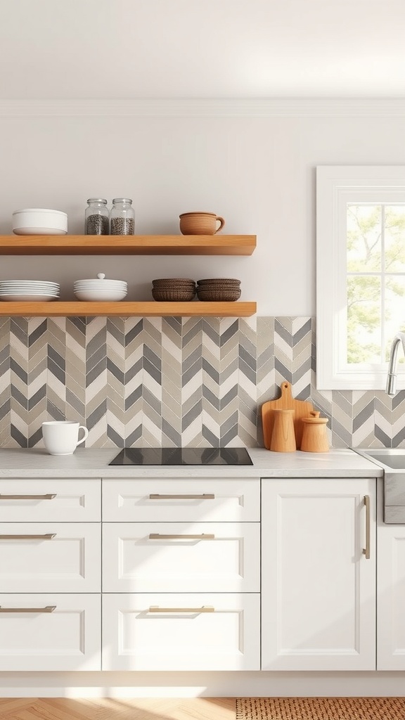 A modern kitchen featuring a chevron patterned backsplash in neutral tones, with open shelves displaying kitchenware.