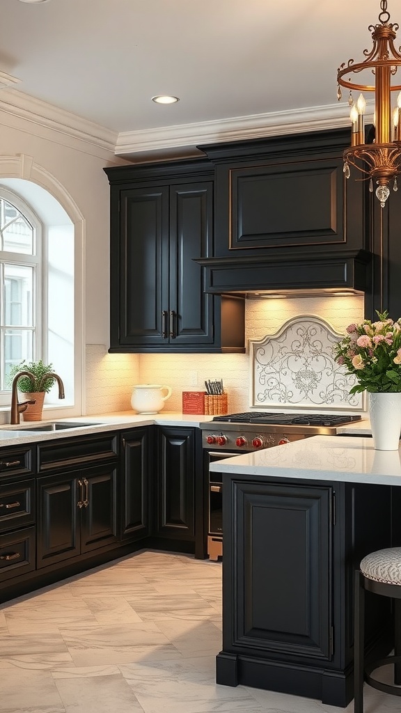 A kitchen featuring classic black cabinets and cream countertops, showcasing elegance and sophistication