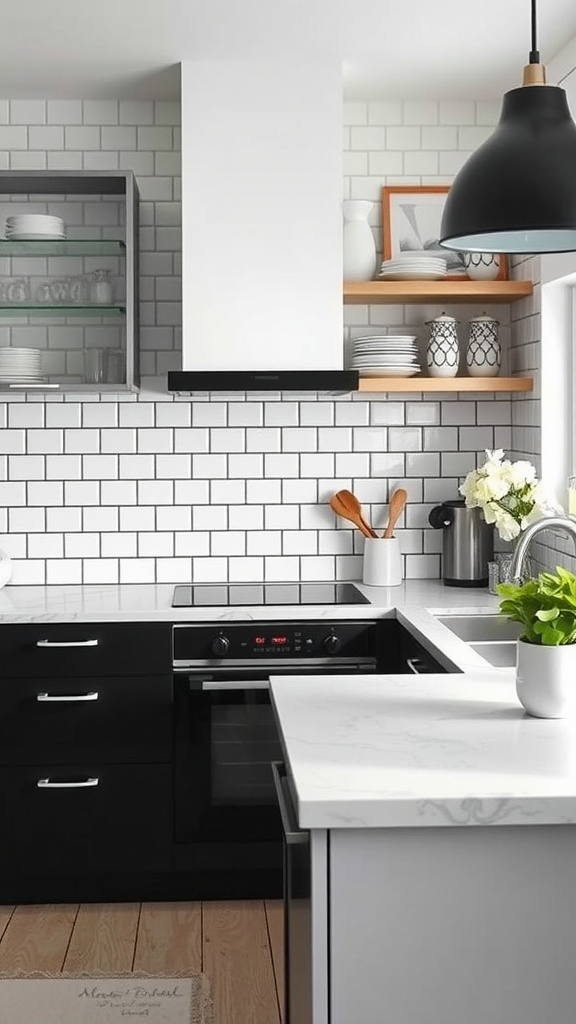 Modern black and white kitchen with subway tiles and open shelving