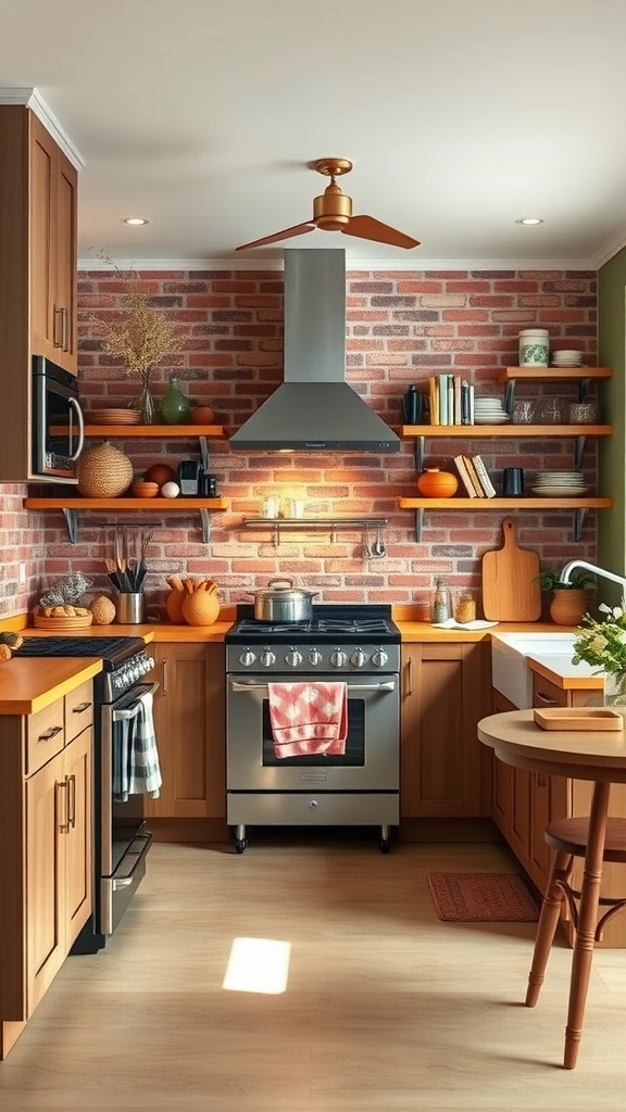 A kitchen with a classic brick backsplash, wooden cabinets, stainless steel appliances, and open shelving.