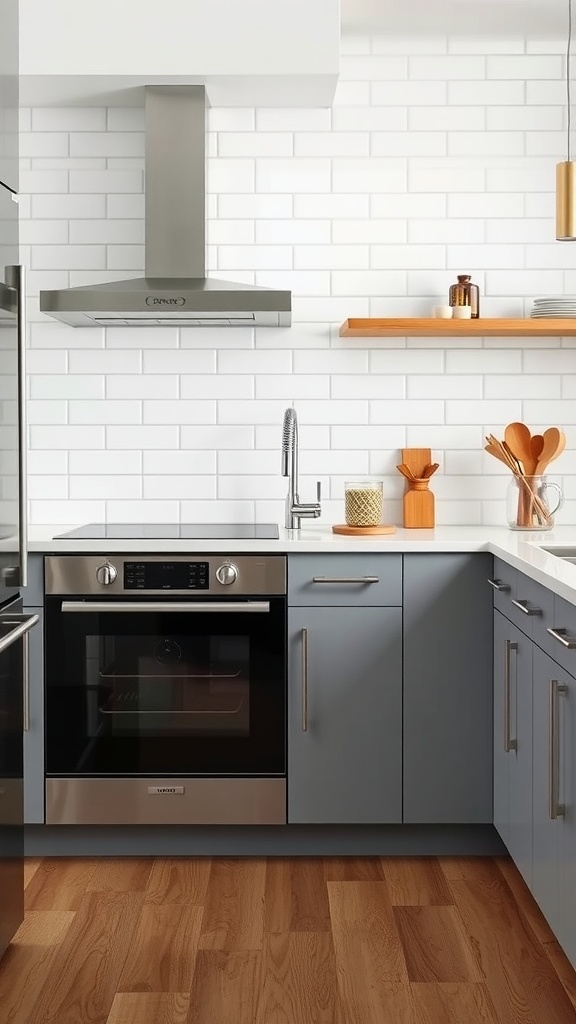 A mid-century modern kitchen with classic white subway tile backsplash, gray cabinets, and wooden accents.