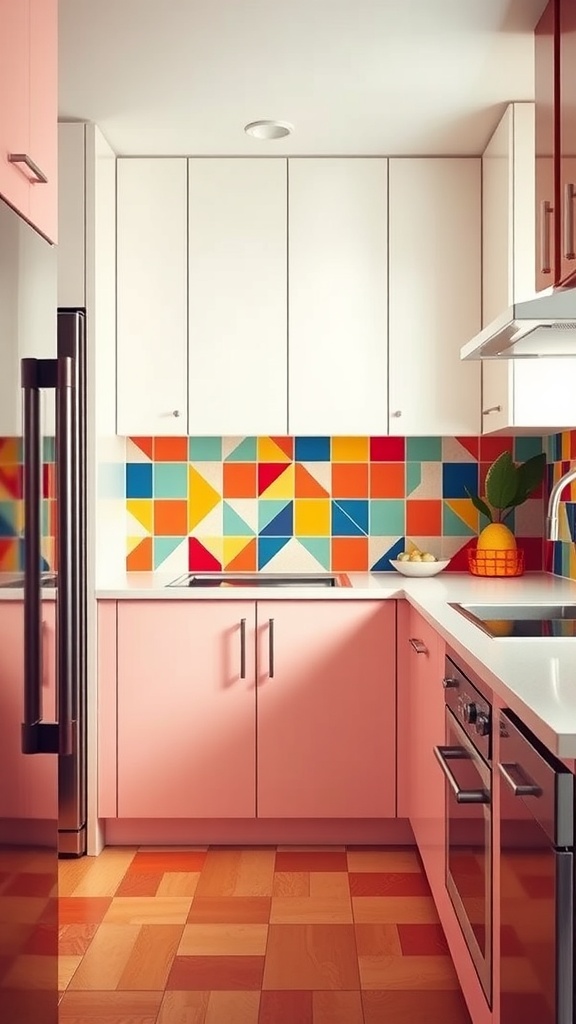 A modern kitchen featuring a colorful geometric tile backsplash with pink cabinets.