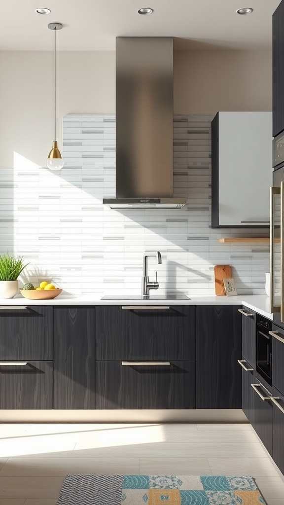 Modern kitchen with a linear tile backsplash, dark cabinetry, and minimal fixtures.