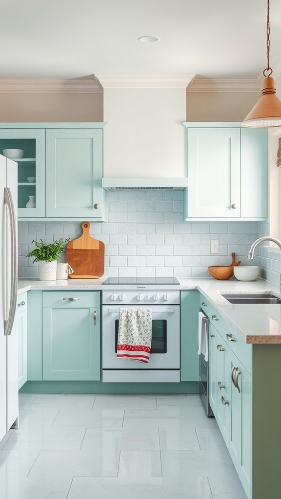 A kitchen featuring mint green cabinets and warm white accents.