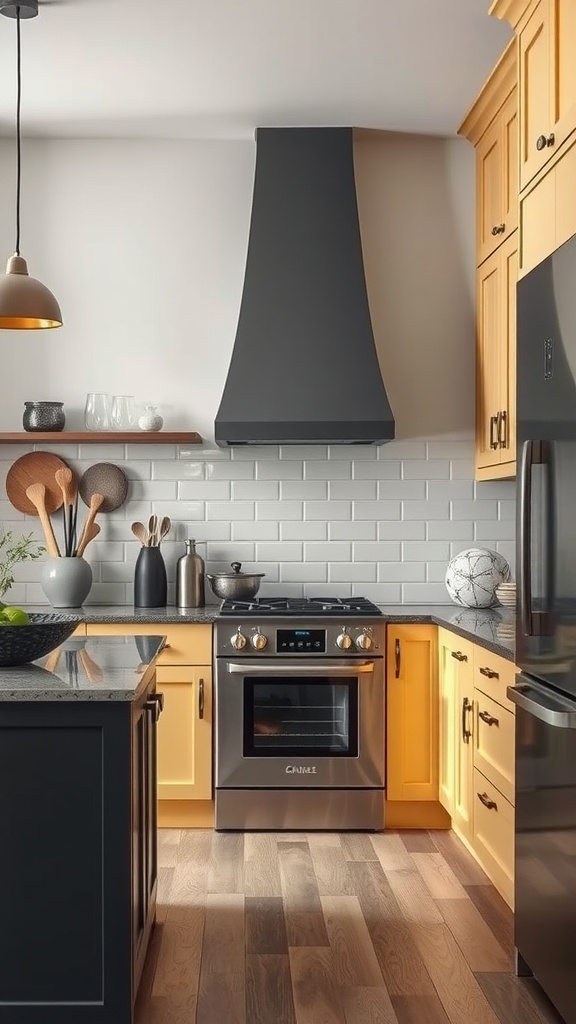 A modern kitchen featuring creamy yellow cabinets and a deep gray island.