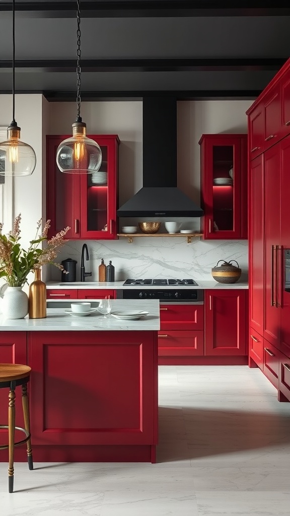 A modern kitchen featuring crimson cabinets and charcoal accents, with pendant lighting and a marble countertop.