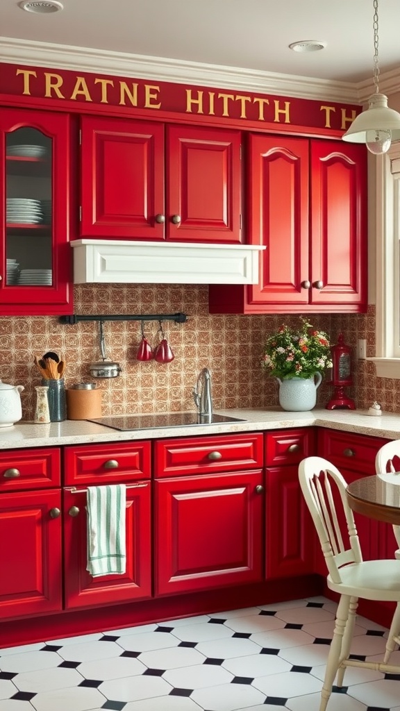 A bright kitchen featuring deep red cabinets and white accents, creating a classic two-tone color scheme.