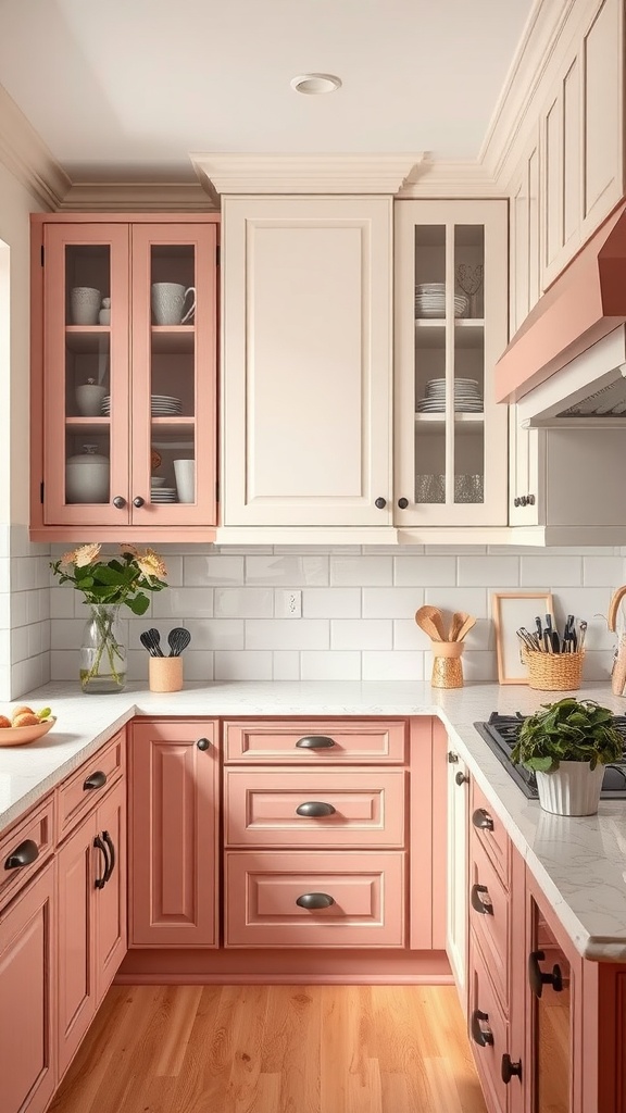 A kitchen featuring dusty rose lower cabinets and white shaker upper cabinets, with warm wood accents.