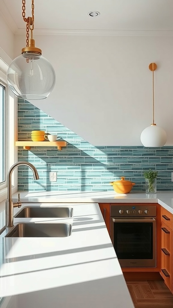 A modern kitchen featuring a blue glass tile backsplash, stainless steel sinks, and warm wooden cabinetry.