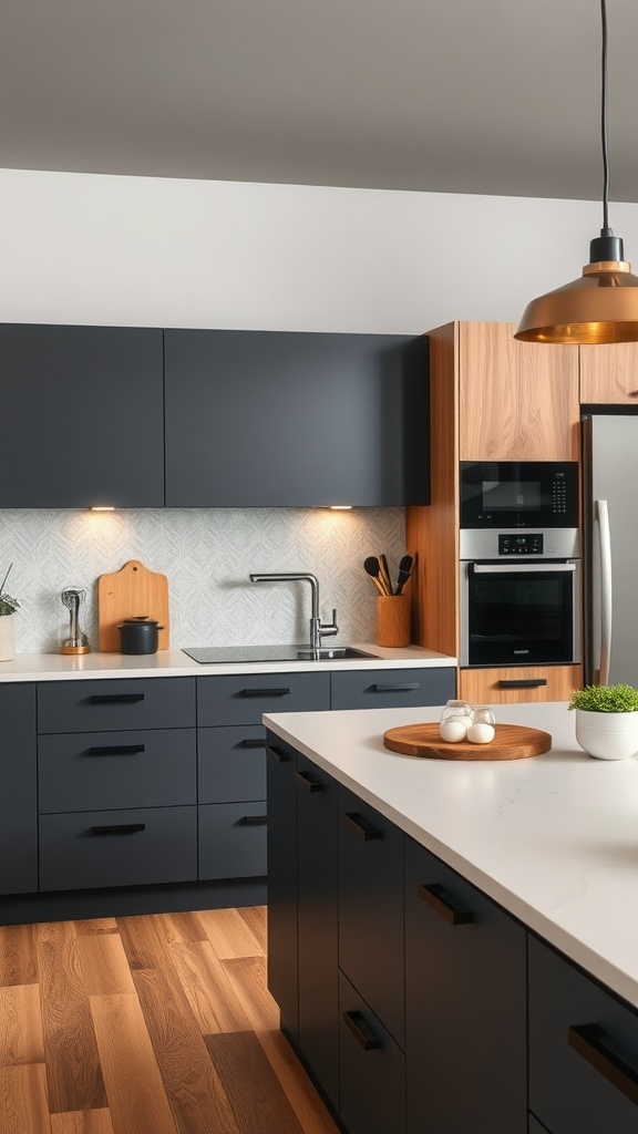 Modern kitchen featuring graphite and birch two-tone cabinets