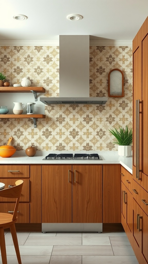 Mid-century modern kitchen featuring an inlaid tile backsplash with geometric patterns in warm tones, wooden cabinets, and a stylish layout.