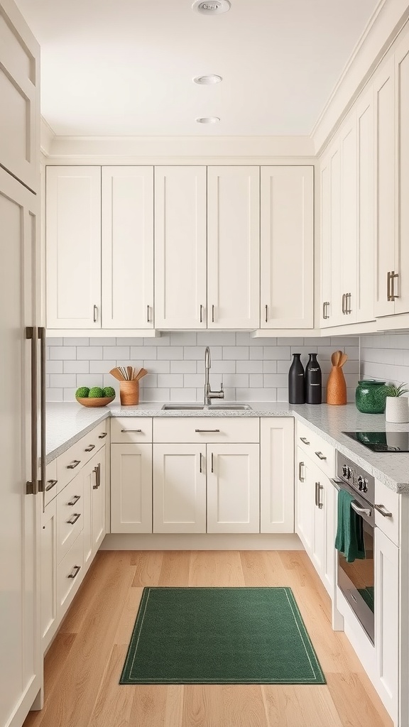 A stylish kitchen featuring ivory cabinets and dark green accents, showcasing a modern design.