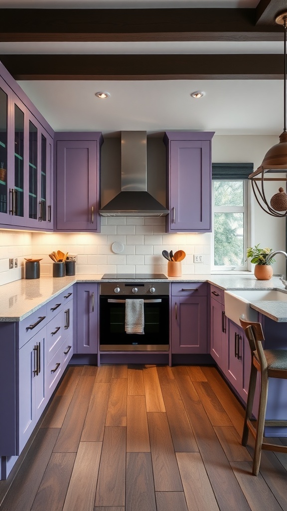 A modern kitchen featuring lavender cabinets and charcoal accents, with natural wood flooring and stylish lighting.