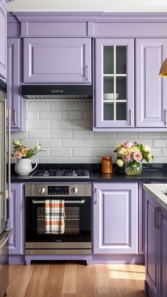 A kitchen featuring lavender cabinets and charcoal gray countertops with floral decorations.